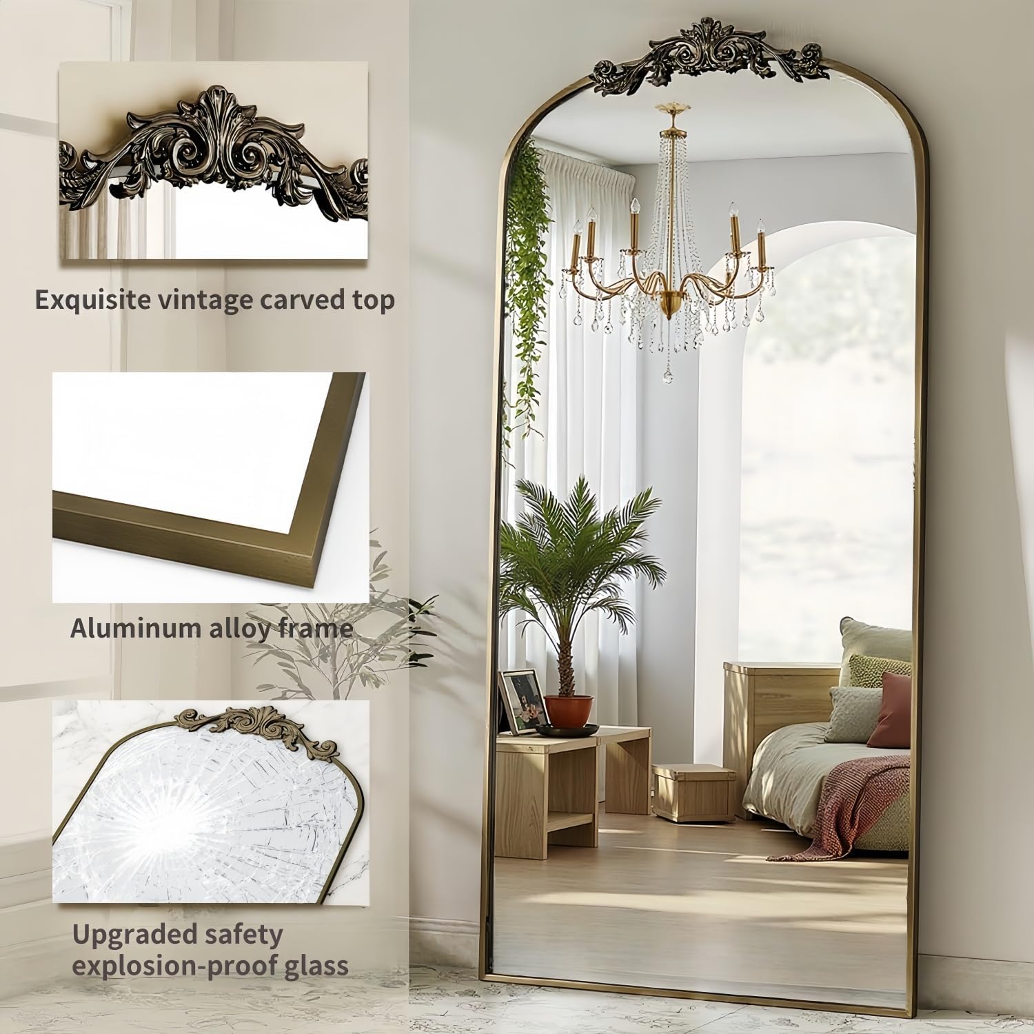 Dewfig Arched Full Length Mirror, 71'x28' Full Body Mirrors with Carved, Floor Mirror for HomeDecor, Standing/Halling Large Wall Mirror for Bedroom, Living Room, Cloakroom, Bronze, Retro Style