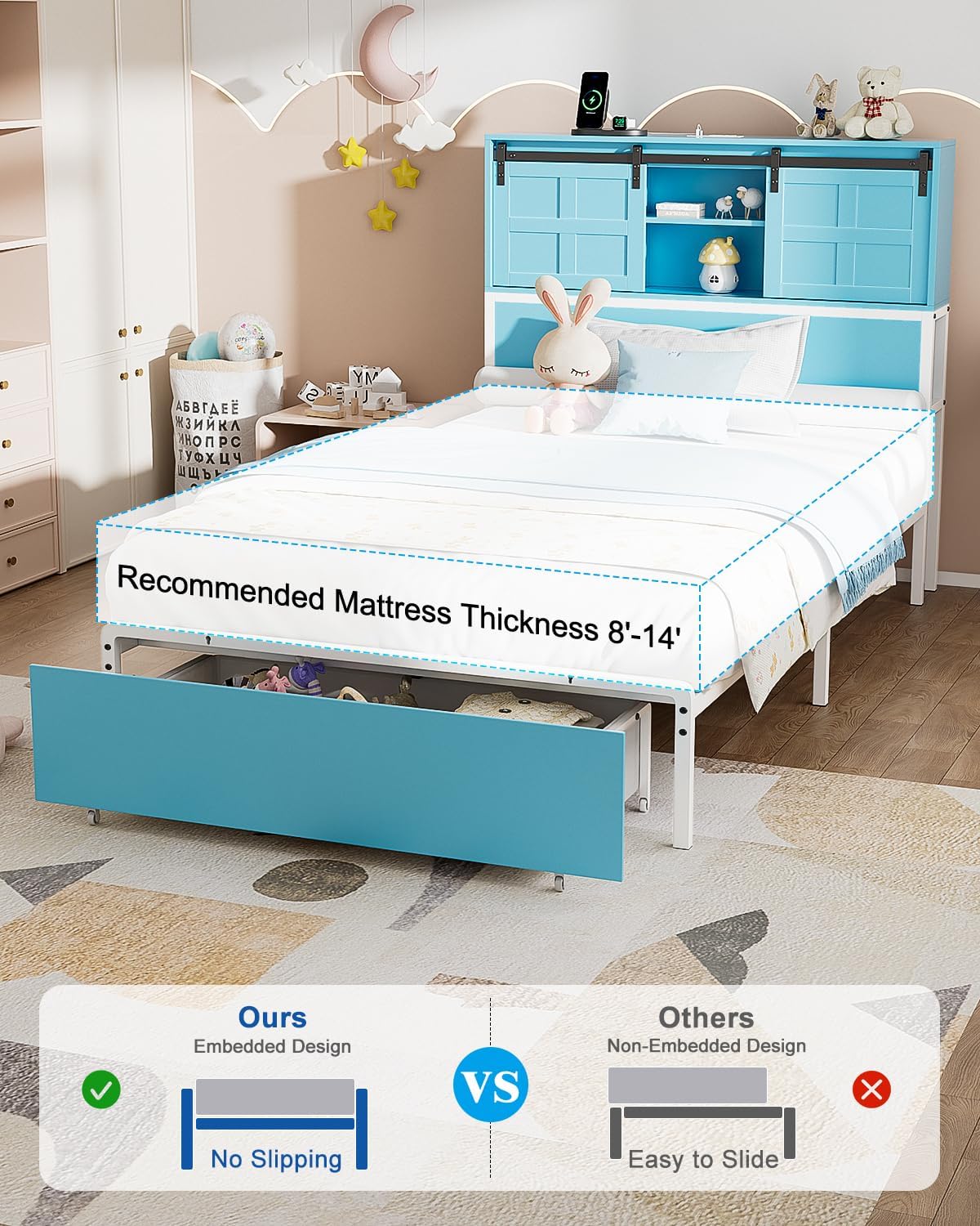 Twin Size Bed Frame, Storage Headboard with Drawers, 3-in-1 Charging Hub & Nightstand, Strong Metal Slats, No Box Spring Required (Blue White, Twin)