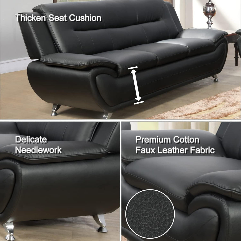 Contemporary Living Room Furniture Set, Faux Leather Sofa Set for Living Room/House/Bedroom/Office/Apartment (Black-B, Full Set(3PCS)), F45&F46