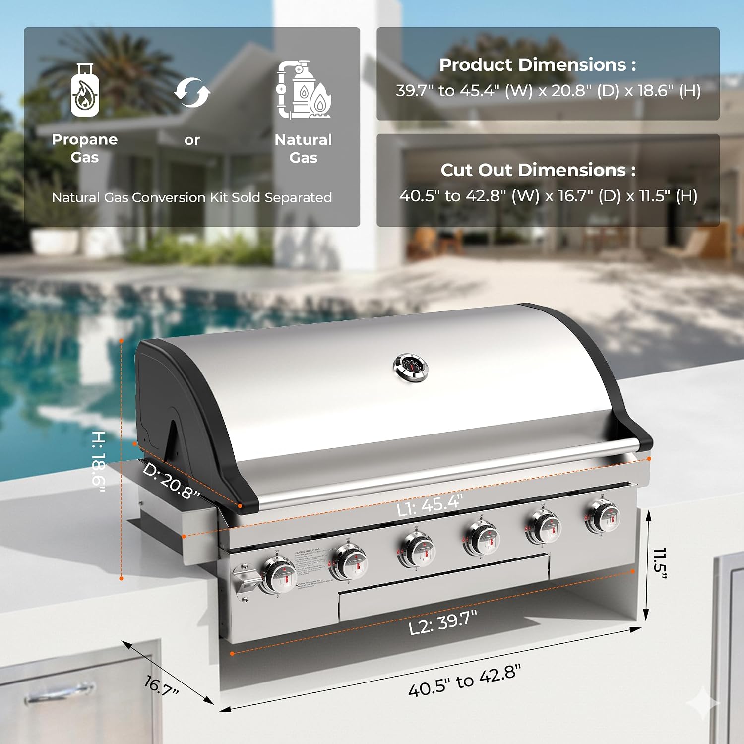 Flintex 40-inch Built-in BBQ Gas Grill (NG/LPG Convertible), 6-Burner Outdoor Kitchen Gas/Propane Grill with Griddle Combo, Stainless Steel Built-in Outdoor BBQ Grill for Outdoor Kitchen