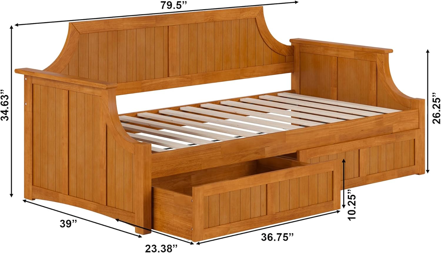 AFI, Cambridge Twin Size Wood Daybed Frame with 2 Storage Drawers, Light Toffee