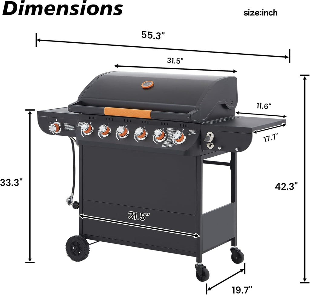 6 Burner Propane Gas Grill with Side Burner, 72000 BTU Stainless Steel Portable Bbq Grills, 650 Sq.In Cooking Area with Warming Rack, Cast Iron Grates, Wheels, Freestanding for Backyard Patio