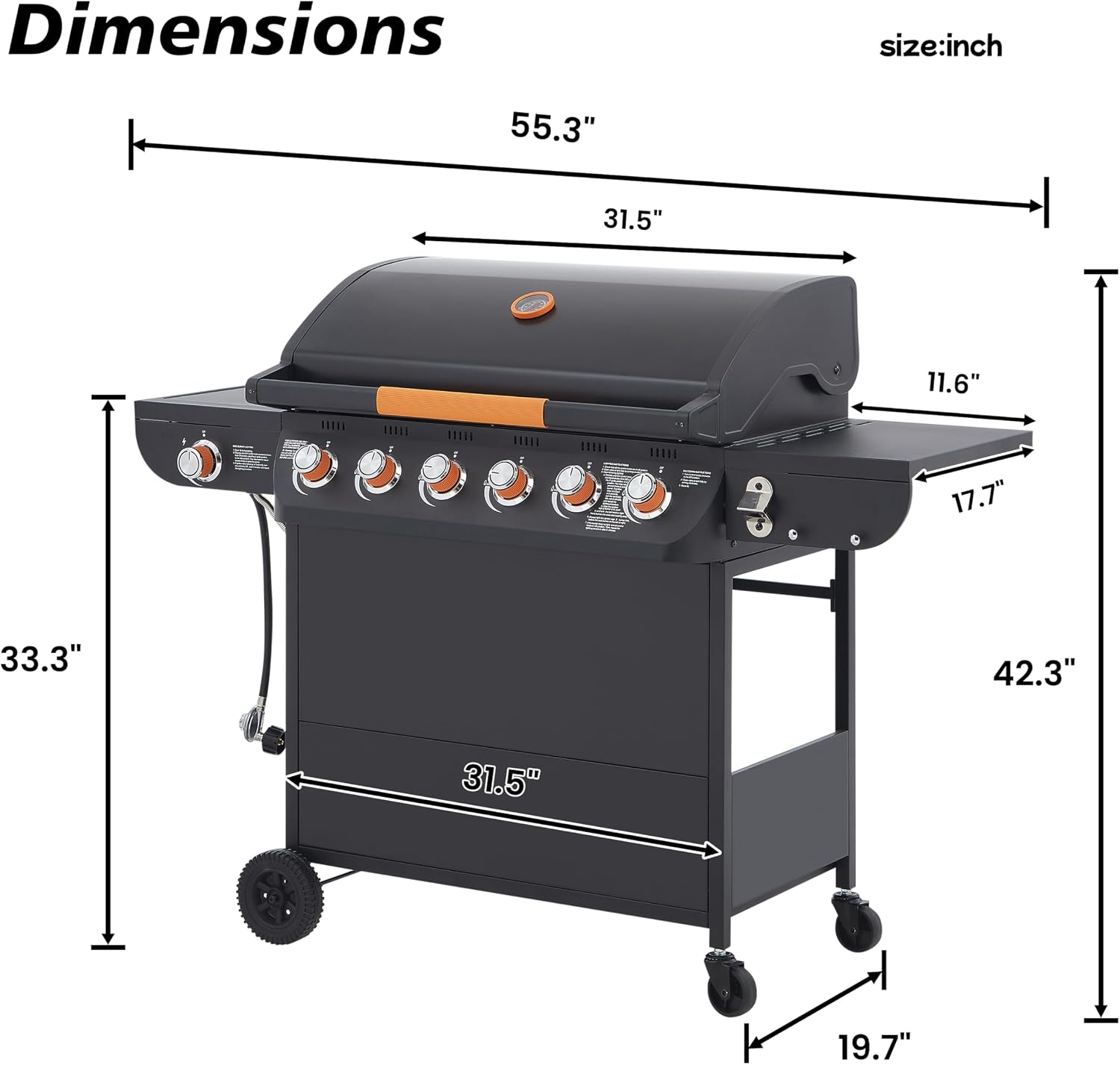 6 Burner Propane Gas Grill with Side Burner, 72000 BTU Stainless Steel Portable Bbq Grills, 650 Sq.In Cooking Area with Warming Rack, Cast Iron Grates, Wheels, Freestanding for Backyard Patio