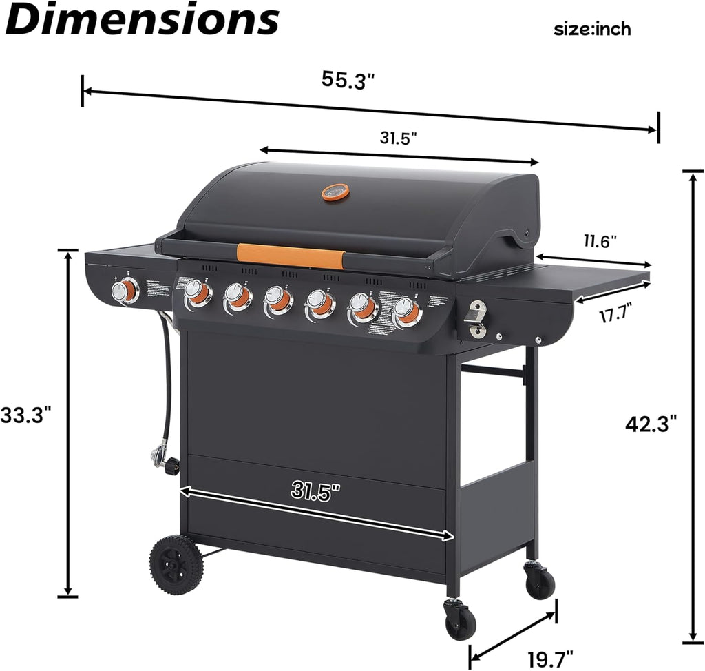 Black 6 Burner Propane Gas BBQ Grill with Side Burner, 72000 BTU Output Stainless Steel Barbecue Grill with Cast Iron Grates and Side Tables for Outdoor Cooking Patio Backyard (6+1 Cast Iron Grate)