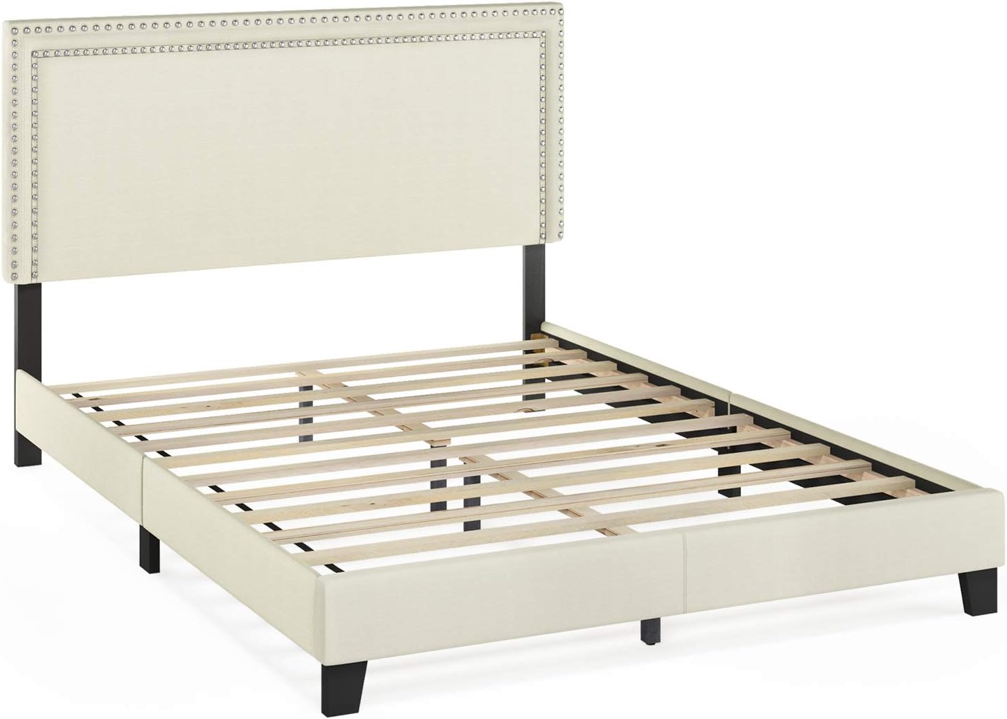 Furinno Laval Double Row Nail Head Upholstered Platform Bed Frame, Queen, Linen