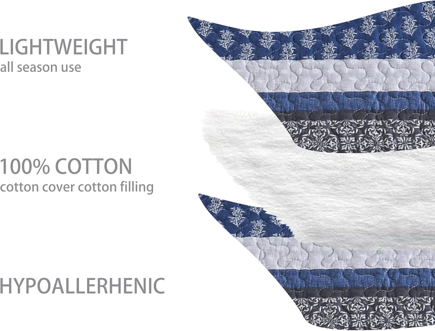 Homzard Quilt Bedding Set King Size,100% Cotton King Size Comforter Set,Gray Blue Quilts Bedspread for The Bed, Striped Farmhouse Lightweight Bedding (106 * 98 Inch) and 2 Pillow Shams All Season