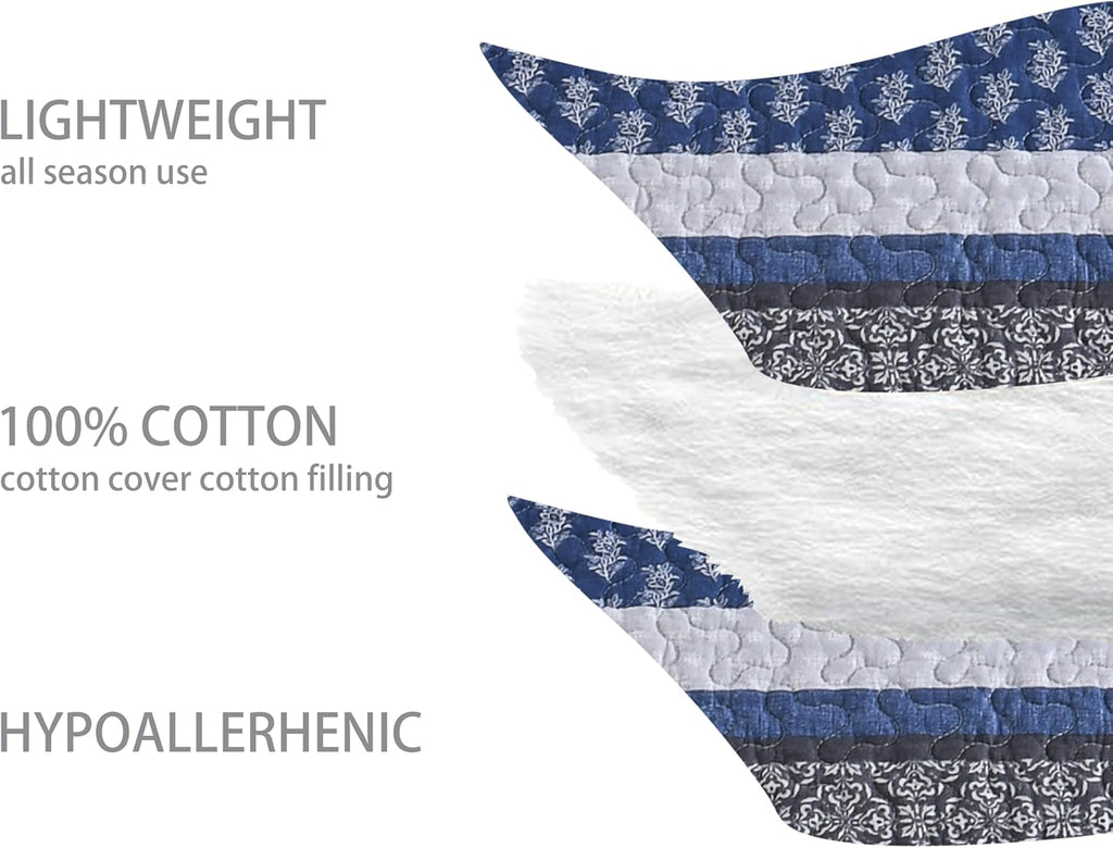 Homzard 100% Cotton Quilt Set,California King 118'' x 106'' Oversized Bedspread Set with 2 Pillow Shams, Blue Gray Lightweight Comforter Set Striped Floral Bedding Sets, 3 Piece King Bed Set | Breathable Bedding