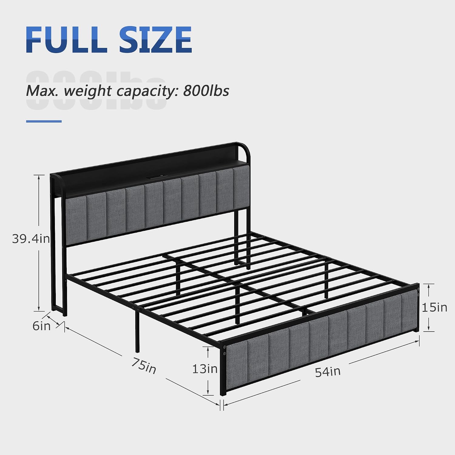 VECELO Full Bed Frame, Storage Upholstered Headboard with Charging Station, Platform Bedframe, Heavy Duty Metal Slats, No Box Spring Needed, Noise-Free, Easy Assembly, Dark Grey