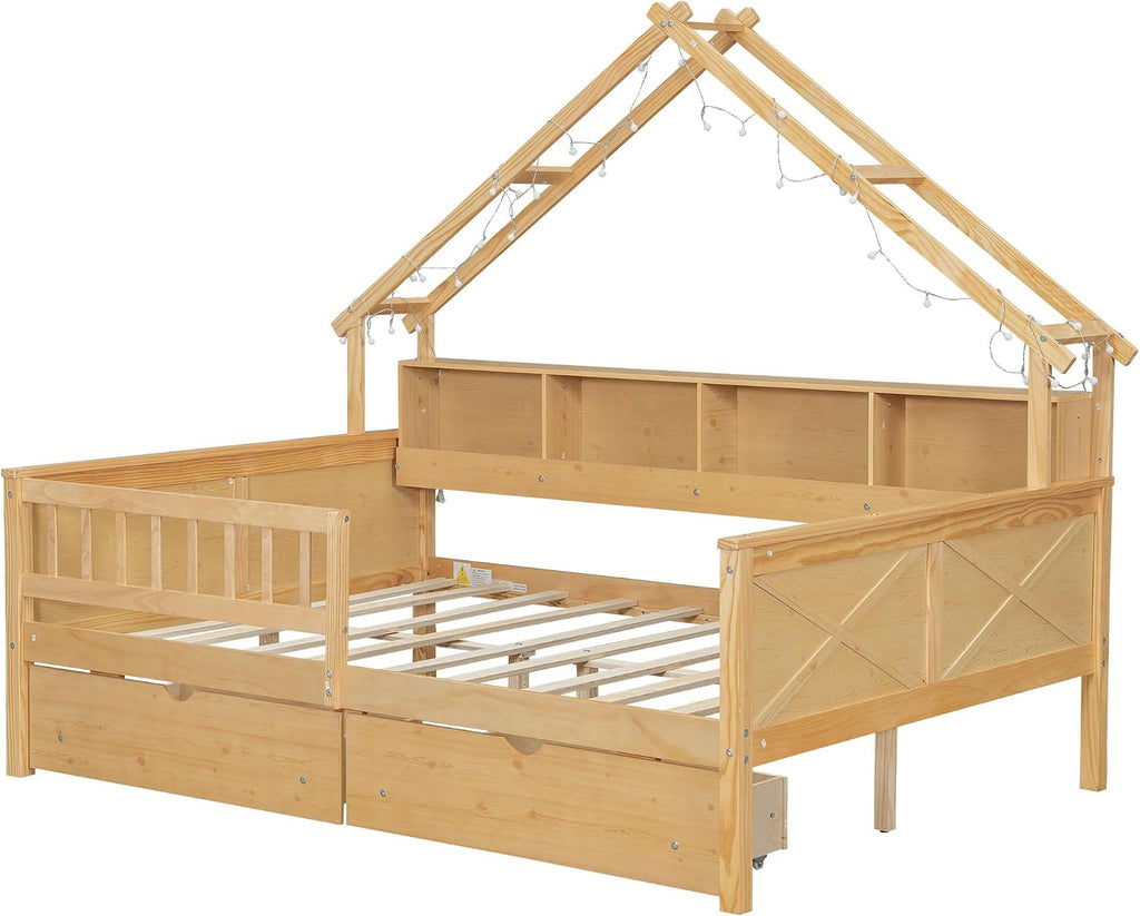 Bellemave Full House Platform Bed with Drawers Wood House Bed with Storage Shelves and LED Lights House Platform Bed Frame for Kids, Teens, Adults, No Spring Box Needed (Natural)