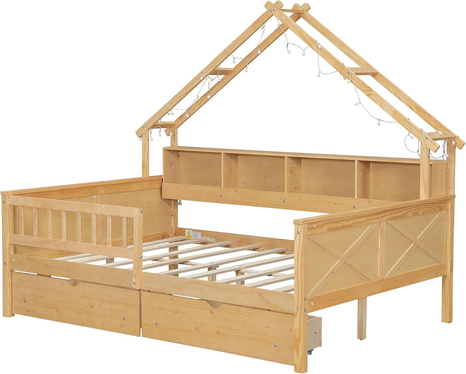 Bellemave Full House Platform Bed with Drawers Wood House Bed with Storage Shelves and LED Lights House Platform Bed Frame for Kids, Teens, Adults, No Spring Box Needed (Natural)