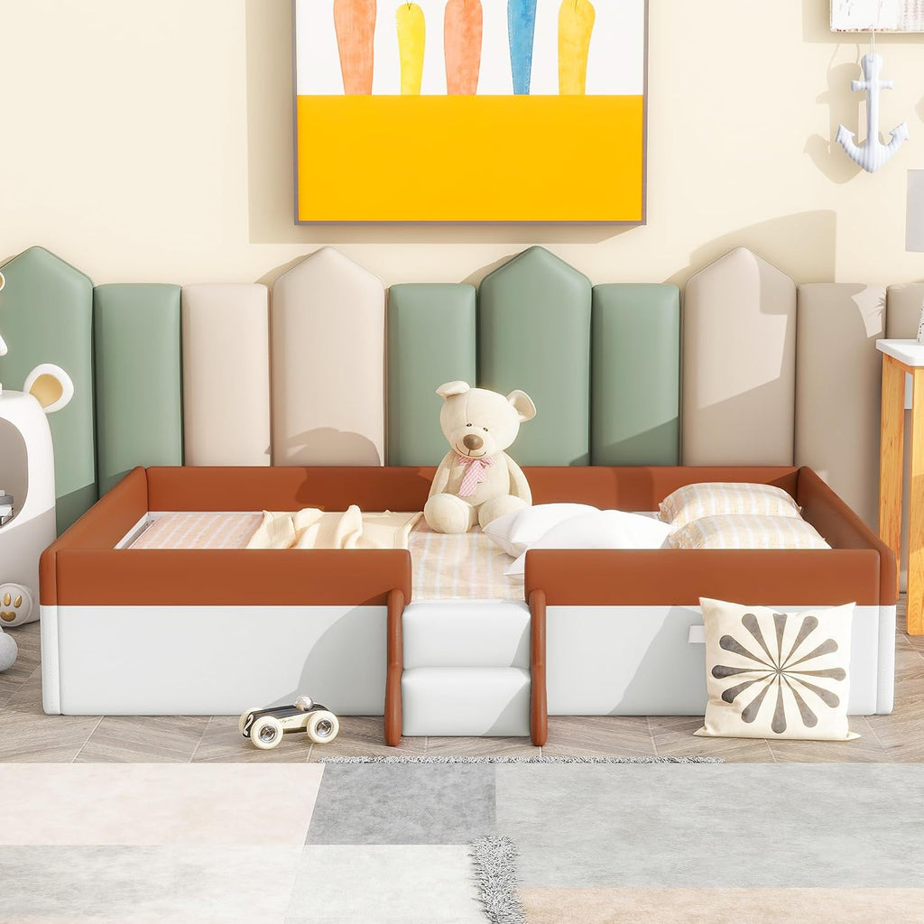 VilroCaz Full Size Upholstered Daybed Frame with Fence and Stairs, Montessori Kids Floor Bed with Sturdy Slat Support for Kids Boys Girls (Brown+Full)
