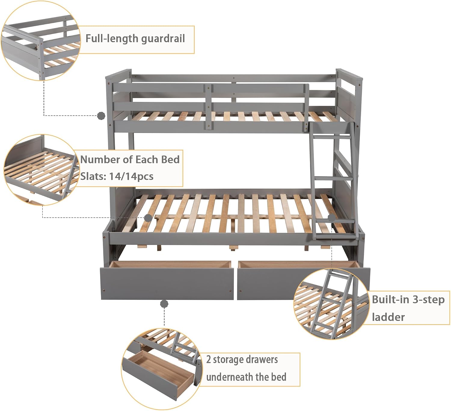 Merax Twin Over Full Bunk Bed, Wood Bunk Bed with Removable Ladders and Two Storage Drawers, Convertible into Two Individual Beds (Grey)