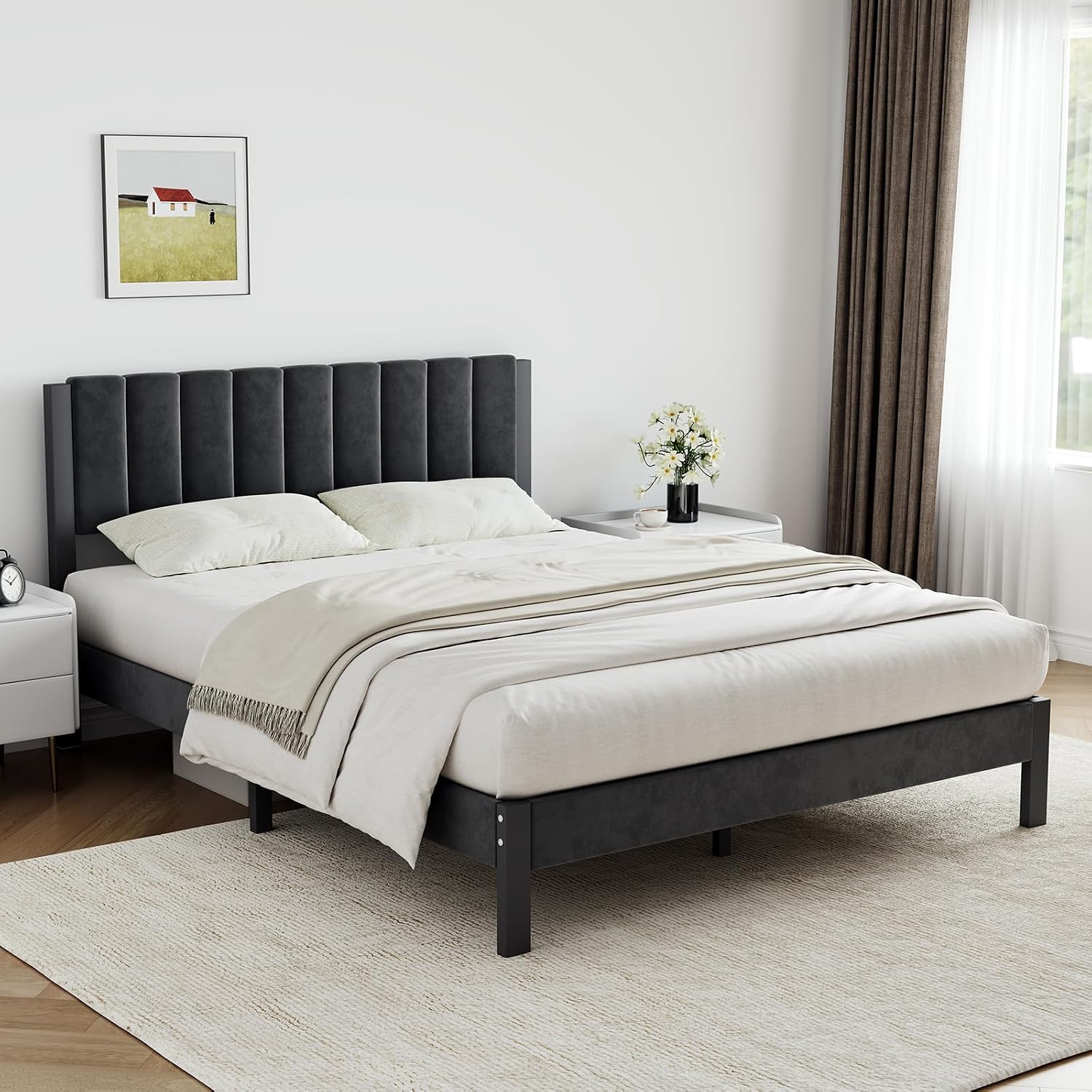 Novilla Full Bed Frame with Piano Keys Headboard and Footboard, Metal Platform Bed Frames Full Size, No Box Spring Needed, Easy Assembly, Steel Slats Support, Velvet Black