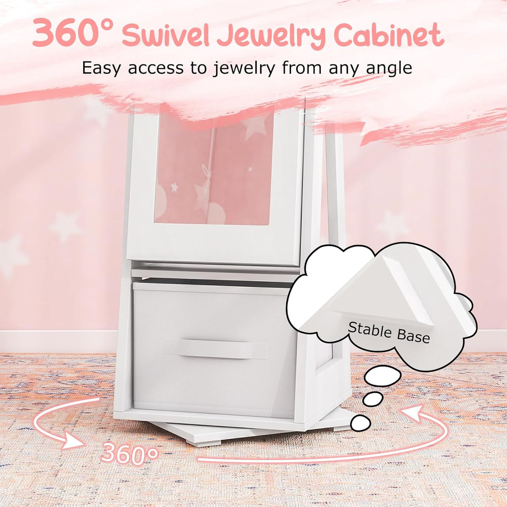 Costzon Kids Vanity & Jewelry Armoire Cabinet, Kids Makeup Vanity Table and Chair Set, 360° Swivel Standing Jewelry Organizer with Full-Length Mirror, Kids Bedroom Furniture Set for Girls (White)