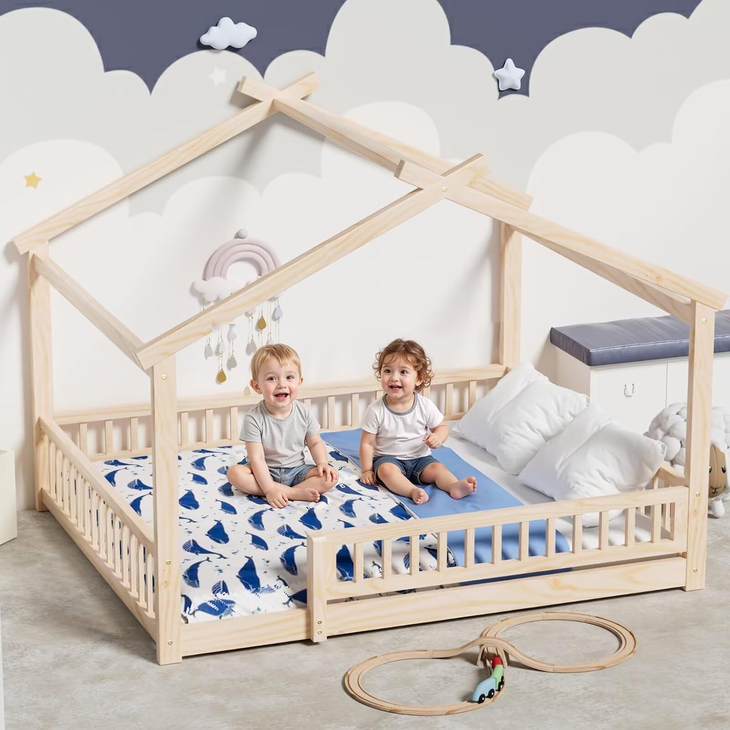 LLS Queen House Floor Bed Frame with Fence, Wooden Montessori Playhouse Bed with Slats Support for Boys Girls, Natural