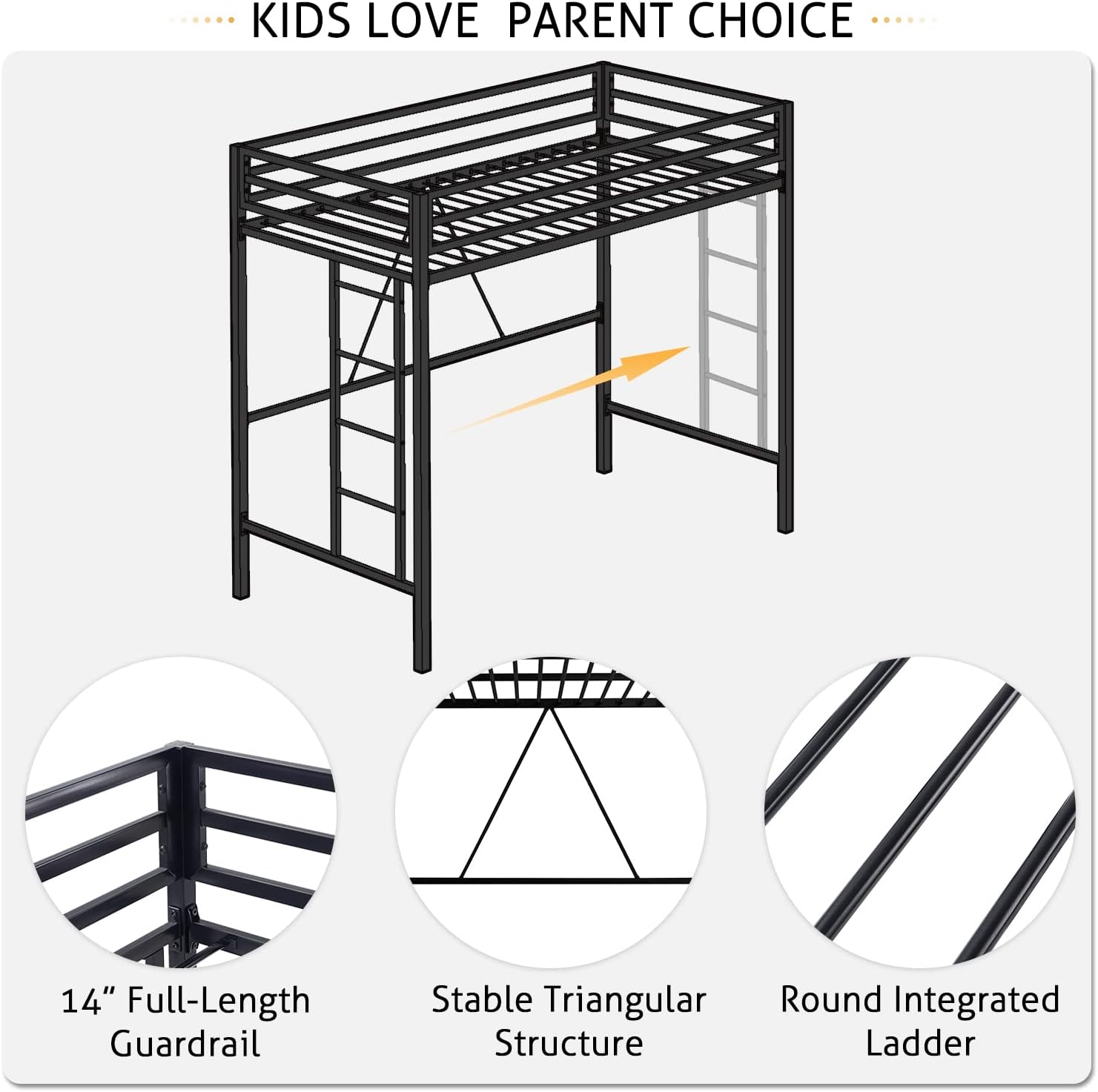 SHA CERLIN Loft Bed Twin Size with Ladder and Guardrail,Heavy Duty Metal Slats Support No Box Spring Needed Small Space Saving Furniture for Bedroom Dorm,Black