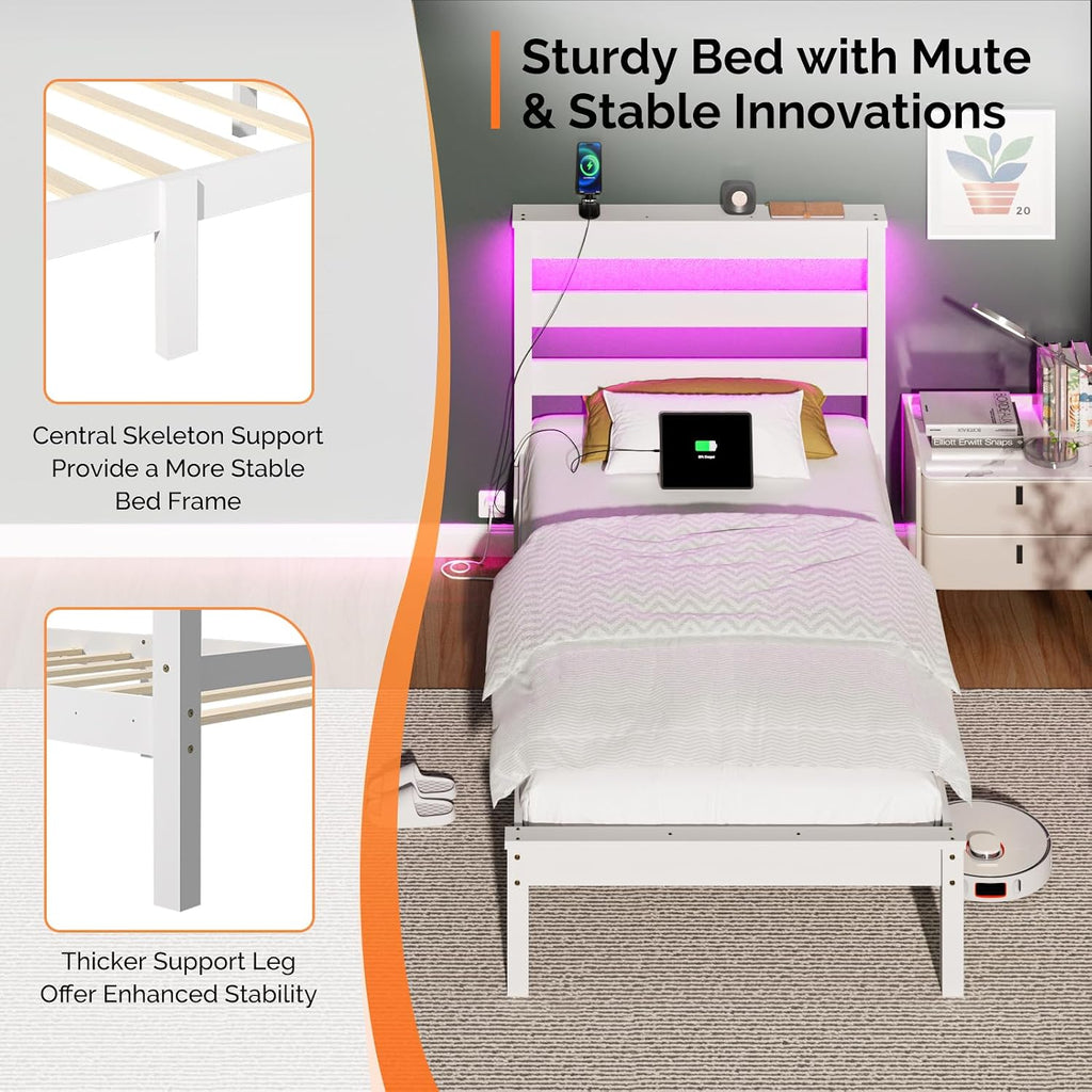Bonnlo Solid Wood Twin Size Bed Frame with Storage Shelf Headboard, Charging Station and LED Lights, White Platform Panel Bed for Kids,Teens Adults, Mattress Foundation Replacement