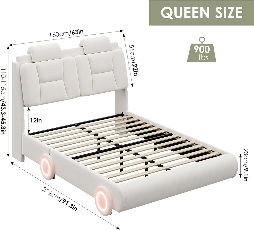 Keyluv Queen Led Car Bed Frame with Wheels Decor & Adjustable Curved Headboard Modern Upholstered Platform Bed with Detachable Pillows Solid Wooden Slats Support No Box Spring Needed, Velvet Beige