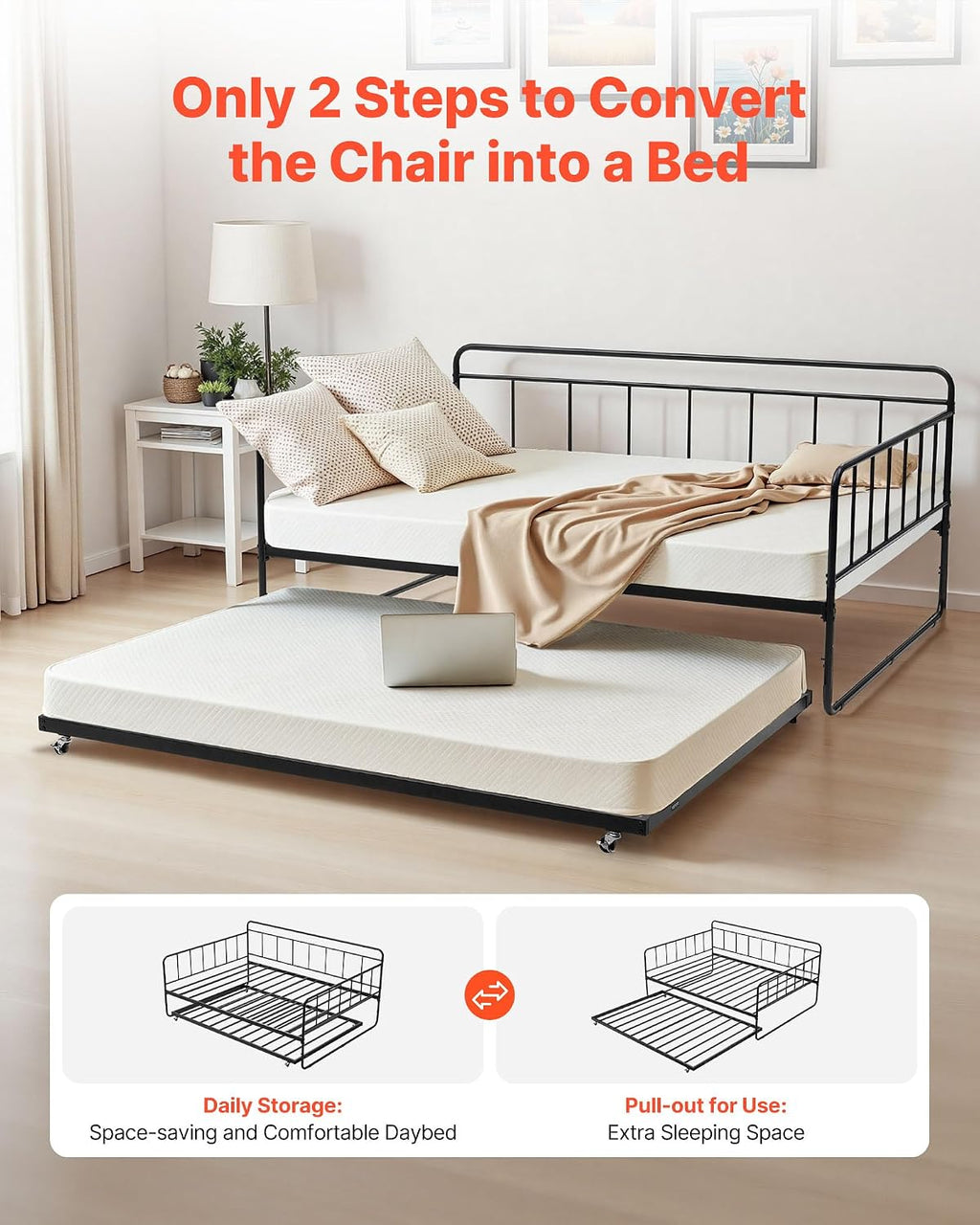 VEVOR Full Size Daybed Frame, Day Bed with Trundle, Heavy Duty Metal Platform Bed Frame, Full Daybed with Metal Slats Support for Living Room, Bedroom, Guest Room, Easy Assembly, Black