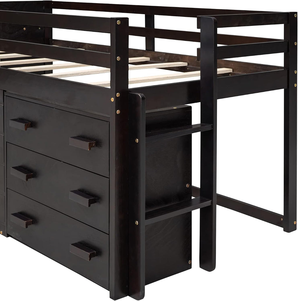 Ball & Cast Twin Size Low Loft Bed with Safety Guardrail & Stair,Wooden Bedframe W/Cabinet & Shelf,Solid Construction,No Spring Box Needed,Furniture Set for Boys Girls Keens Study Bedroom,Espresso
