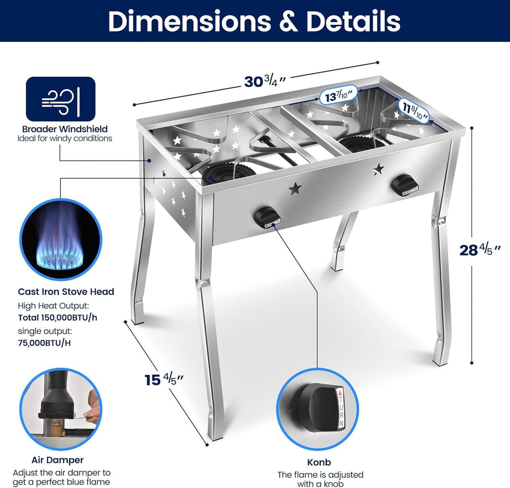 ARC 150,000 BTU Double Burner Stove With 23' Discada Comal Set | Outdoor Camping Cookware for Tacos, Tortillas | Stainless Steel Griddle & Propane Stove Combo