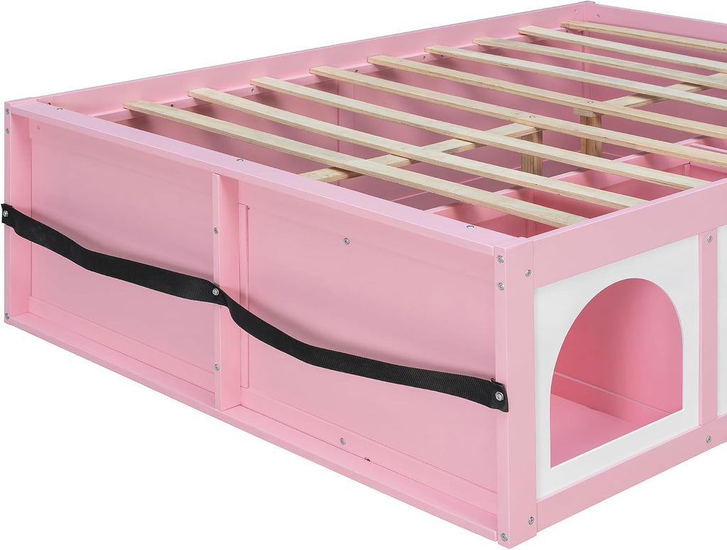 Bellemave Full Size Kids Bed with Display Cabinet, LED Light and Drawer, Wood Full Platform Bed with Bookshelf, BedFrames for Kids, Adults, Pink+White