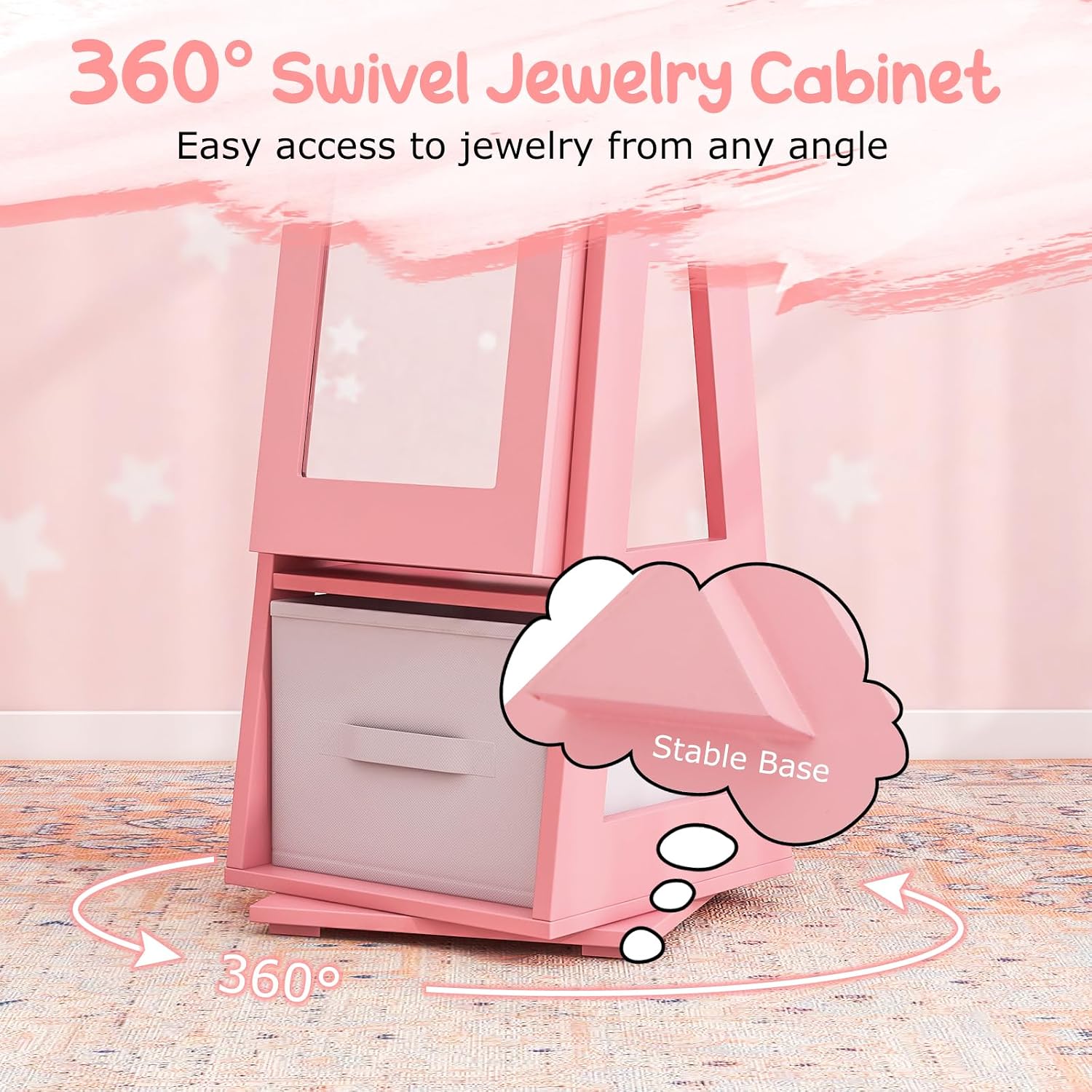 Costzon Kids Vanity & Jewelry Armoire Cabinet, Kids Makeup Vanity Table and Chair Set, 360° Swivel Standing Jewelry Organizer with Full-Length Mirror, Kids Bedroom Furniture Set for Girls (Pink)