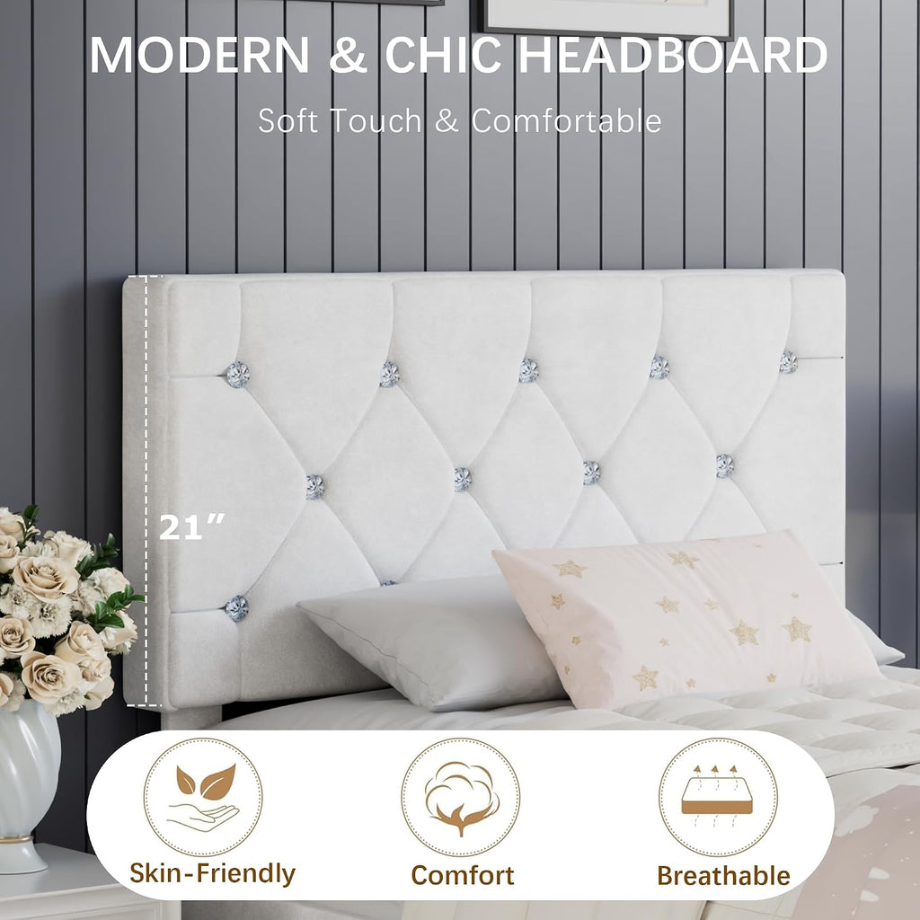 VECELO Twin Size Bed Frame with Diamond Tufted Headboard, Upholstered Platform Bedframe with Wood Slat Support, No Box Spring Needed, Velvet & White