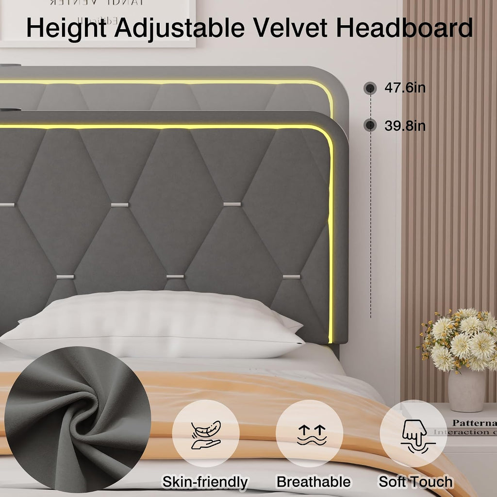 VECELO Upholstered Queen Bed Frame with Headboard Adjustable, Velvet Platform Bed with LED Lights, Charging Station, Mattress Foundation with Wooden Slats, Noise Free, No Box Spring Needed, Dark Grey