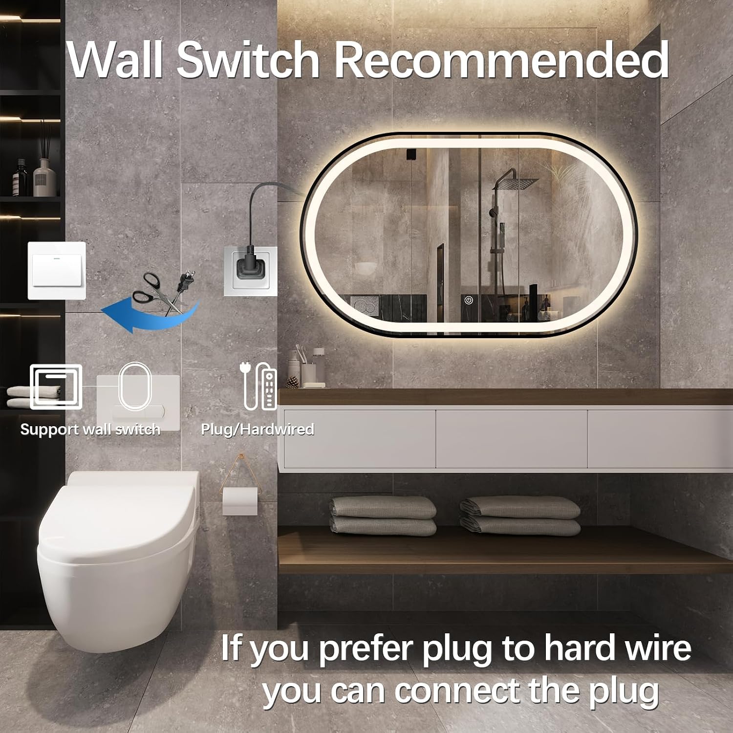 32'x20' Oval LED Bathroom Mirror with Lights, Black Anti Fog Lighted Vanity Mirror Wall Mounted, LED Oval Mirror with 3 Colors, Memory, ShatterProof, Front/Backlit, Horizontal/Vertical