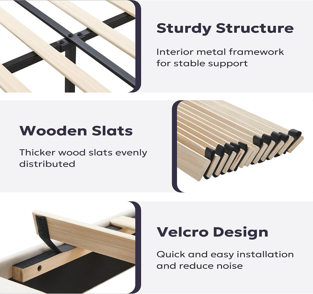 Furnify King Platform Bed Frame, Velvet Upholstered Bedframe with Vertical Channel Adjustable Headboard, Golden Plating Trim, Mattress Foundation with Wooden Slats, No Box Spring Needed, Grey