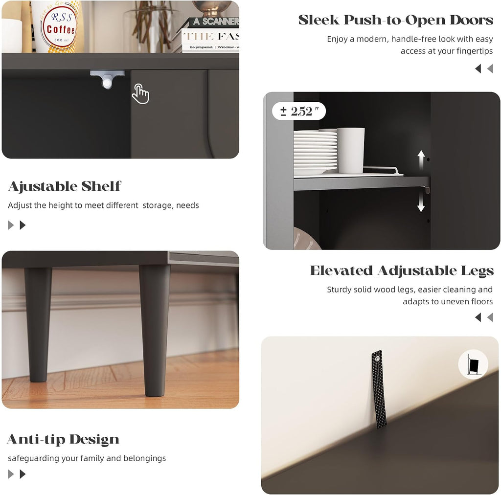 Easyego 63″ Mid Century Modern Sideboard Buffet Cabinet, Black Wood Accent Storage with 4 Doors & Adjustable Shelves for Living Room, Entryway, Dining Room, 2-Piece Set