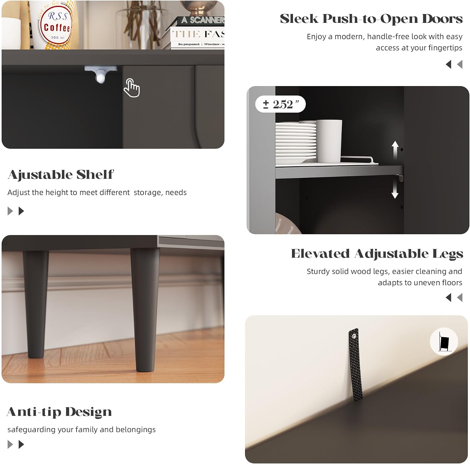 Easyego 63″ Mid Century Modern Sideboard Buffet Cabinet, Black Wood Accent Storage with 4 Doors & Adjustable Shelves for Living Room, Entryway, Dining Room, 2-Piece Set