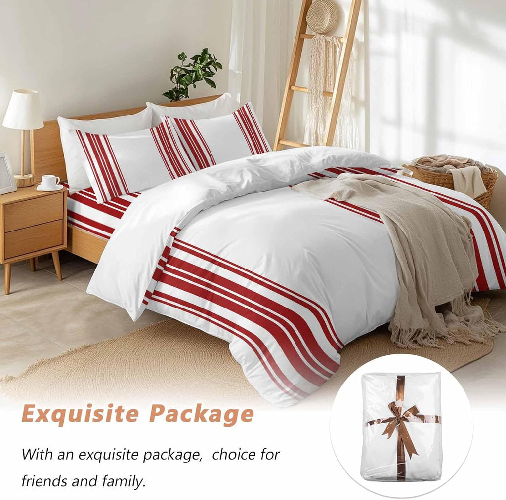 Dark Red and White Striped Duvet Cover Set Queen Size 4 Pieces Modern Minimalist Vertical Lines Bedding Set with Zipper Closure, 1 Comforter Cover 90x92 Inches 1 Flat Sheet & 2 Pillow Cases