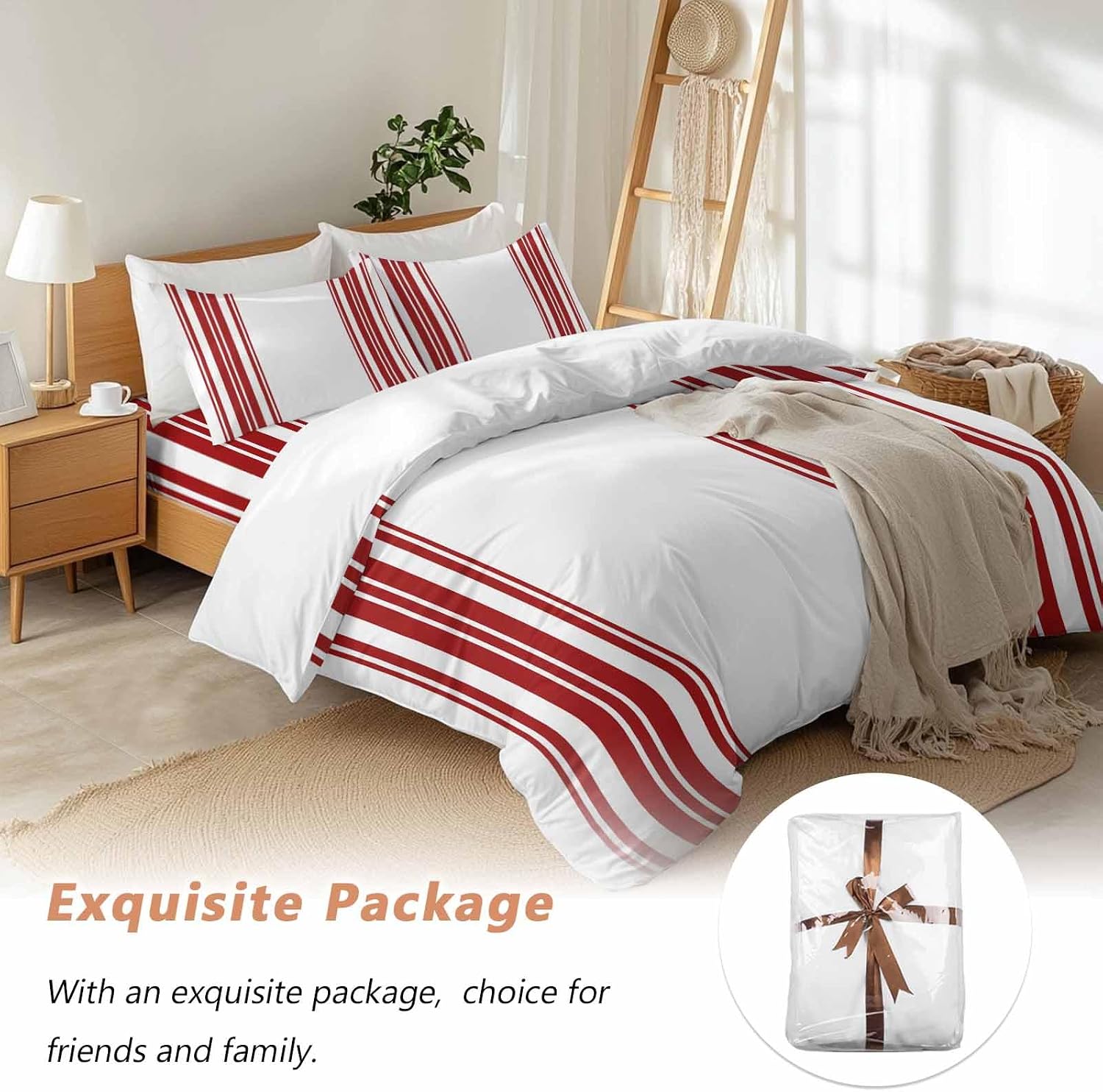 Dark Red and White Striped Duvet Cover Set Queen Size 4 Pieces Modern Minimalist Vertical Lines Bedding Set with Zipper Closure, 1 Comforter Cover 90x92 Inches 1 Flat Sheet & 2 Pillow Cases