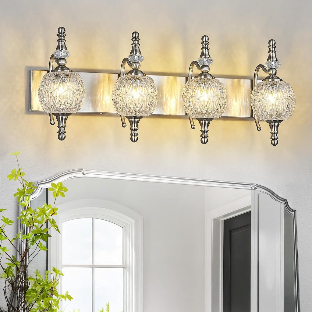 Modern Crystal Bathroom Vanity Lights Fixtures Over Mirror Brushed Nickel Vintage 4-Lights 28 Inch Bathroom Light Fixtures Glass Crystal Vanity Lights