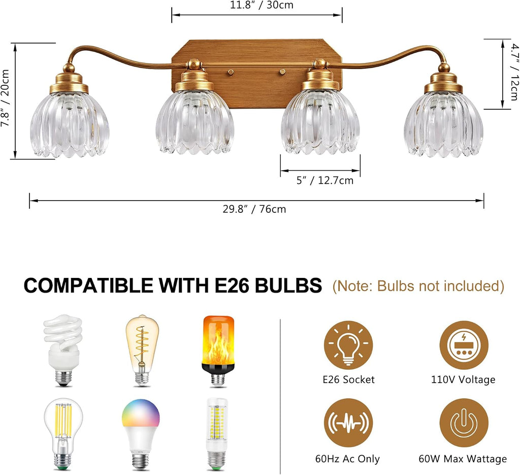Vintage Bathroom Light Fixtures, 4 Light Gold Bathroom Vanity Light, Matte Antique Brass Finish with Crystal Glass Shade, Wall Sconces Lighting for Bedroom, Living Room, Hallway