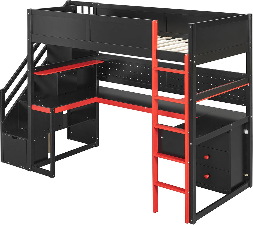 Ball & Cast Gaming Twin Size Loft Bed with Storage Stairs,Wood Gamer Loft Bed Frame W/Desk,Shelves and Pegboard,High Loft Bed W/Full-Length Guardrail,Bedroom Furniture for Student Dorms,Black+Red