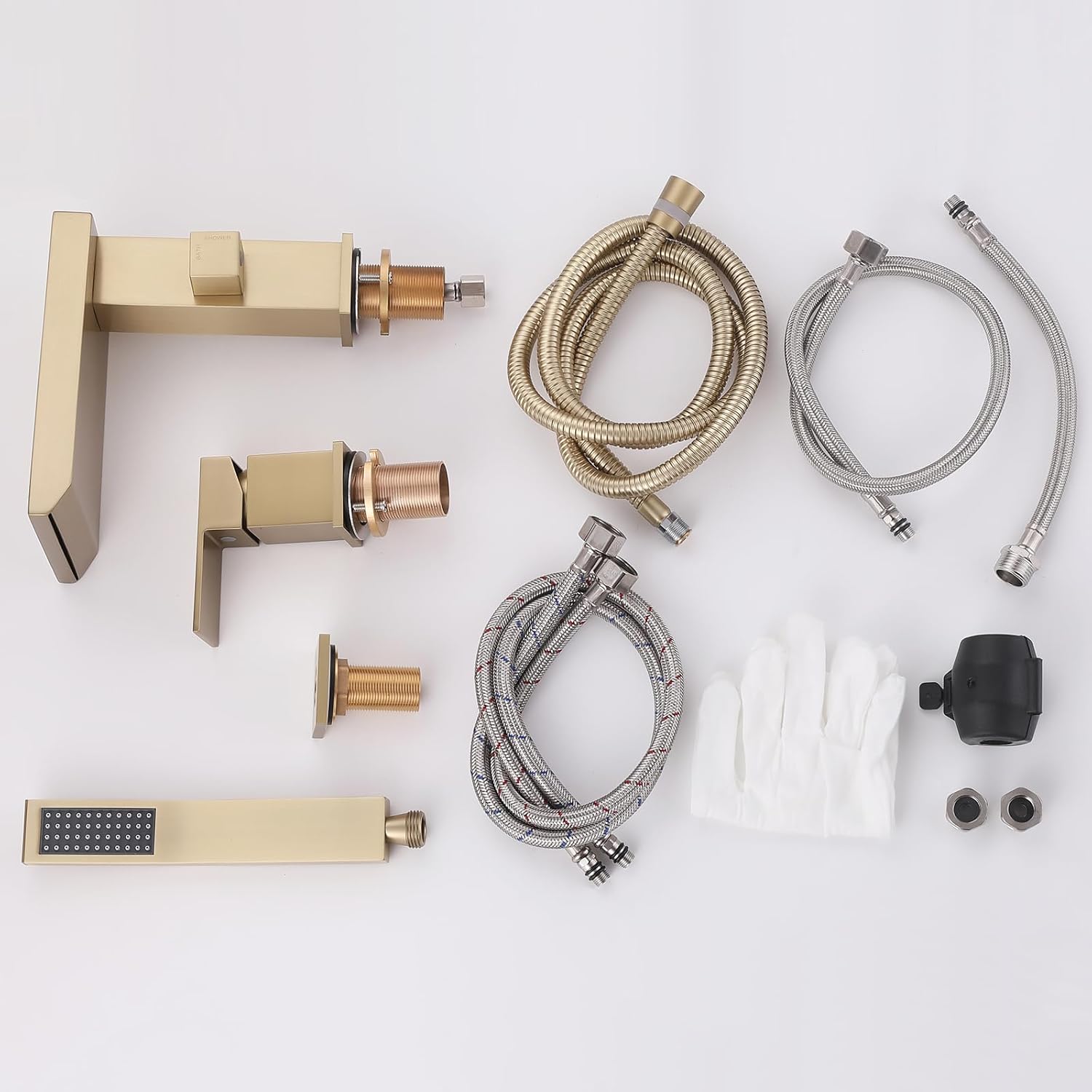 Waterfall Roman Tub Faucet with Hand Shower, Deck Mount Tub Filler Bathtub Faucet with Sprayer, Brass Widespread 3 Hole Bathtub Shower Faucet Set, Brushed Gold