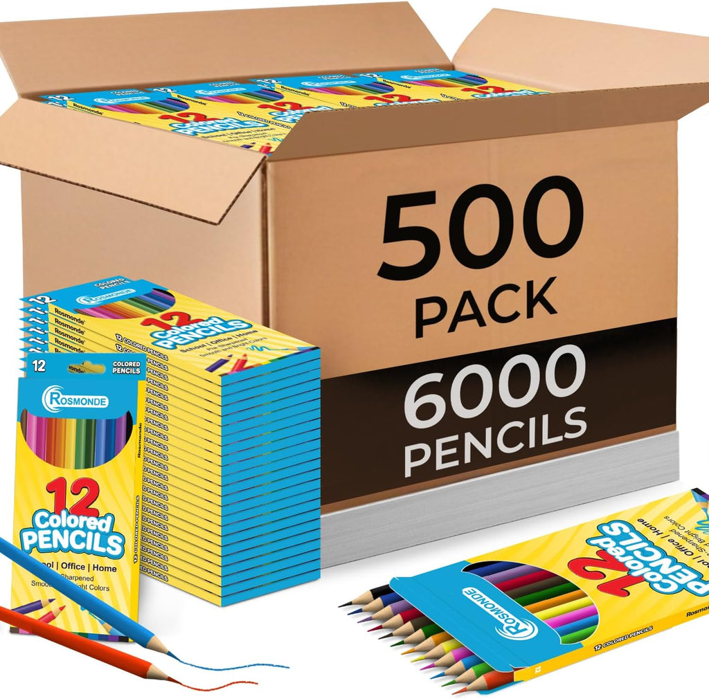 Rosmonde Bulk Colored Pencils 500 Pack (6000 Pencils), Pre Sharpened 12 Color Set, Easy Hold Classroom Art Supplies, Perfect for Schools, Teachers, Drawing, Crafts & Back-to-School Projects