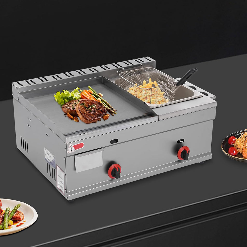 Commercial Gas Deep Fryer with Grill Plate, 1.59Gal Oil Pot Capacity Propane Griddle Flat Top Grill Stainless Steel Double Burner Tabletop Griddle and Deep Fryer for Home Kitchen