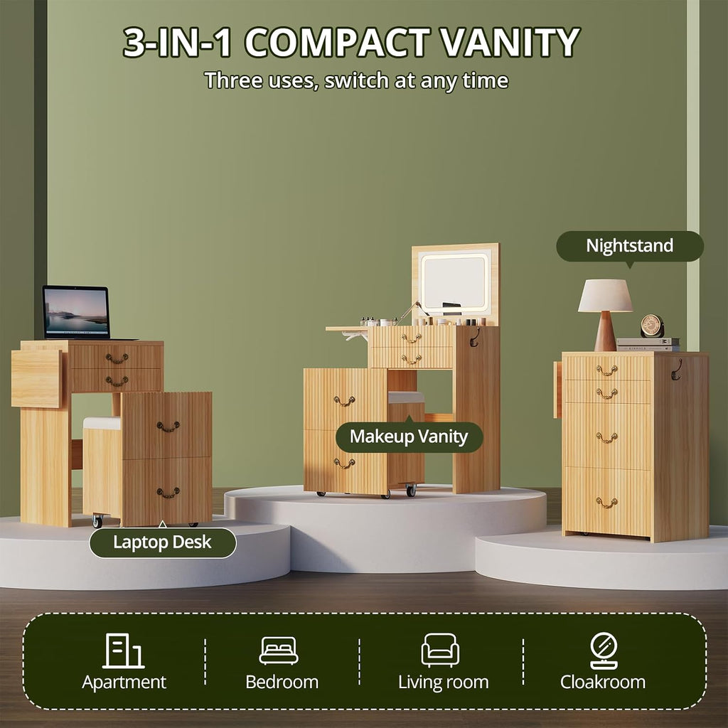 FURSUN 3-in-1 Vanity with Flip Mirror & Lights, Fluted Compact Vanity Table with 3 Drawers, Storage Compartment and Rolling Stool, Modern Small Makeup Vanity for Bedroom, Powder Room, Natural Oak