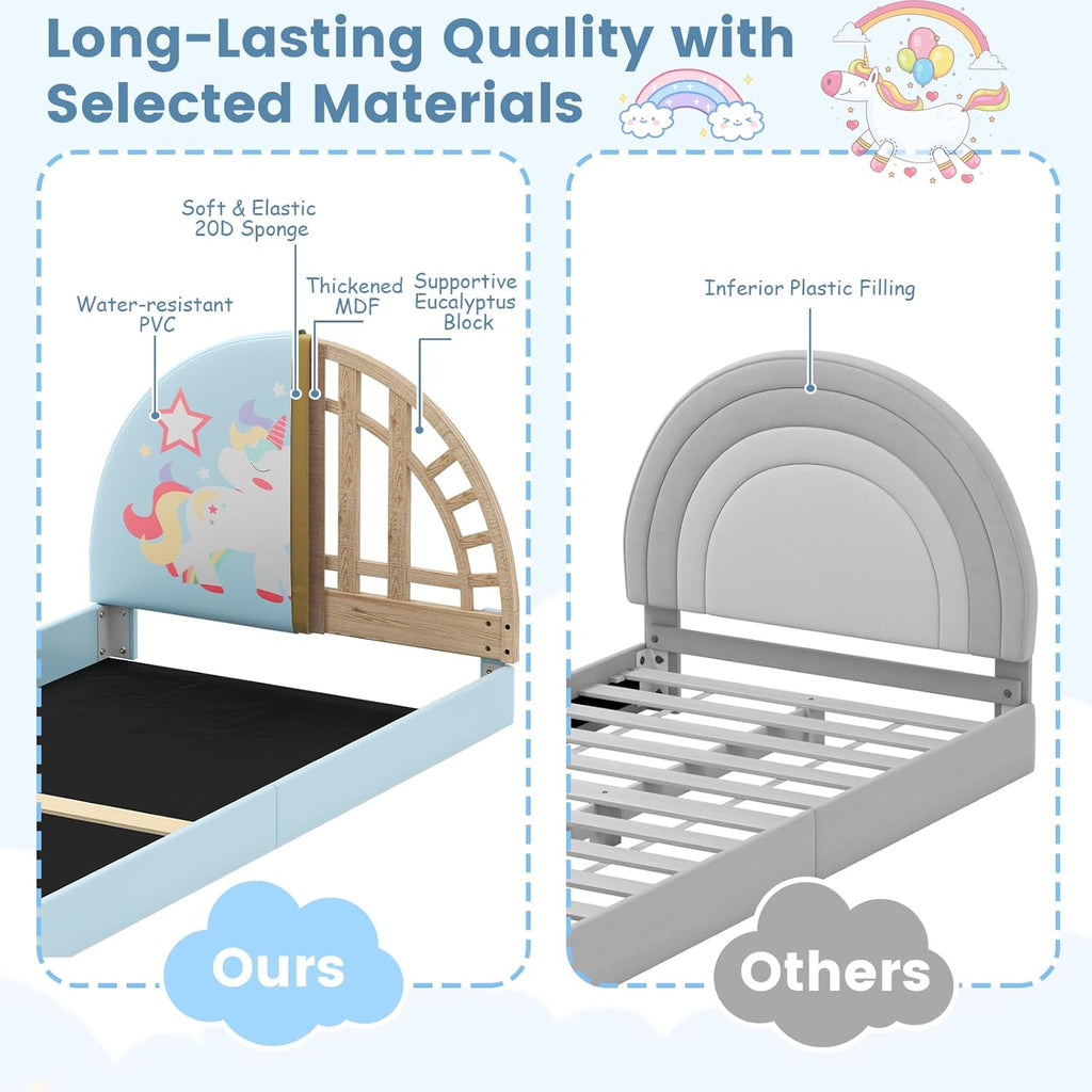 Costzon Twin Floor Bed Frame, Upholstered Kids Bed with 210D Oxford Cloth Floor Mat, Middle Support Slat & Padded Boards, Montessori Floor Bed for 3+ Kids (Blue Rainbow)