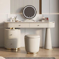 Leather Vanity Set - Solid Wood Makeup Vanity with Rock Slab Countertop, 4 Drawers, Modern Dressing Table Include LED Lights Mirror & Stool, Stainless Steel Base for Bedroom (Beige,39.37'')