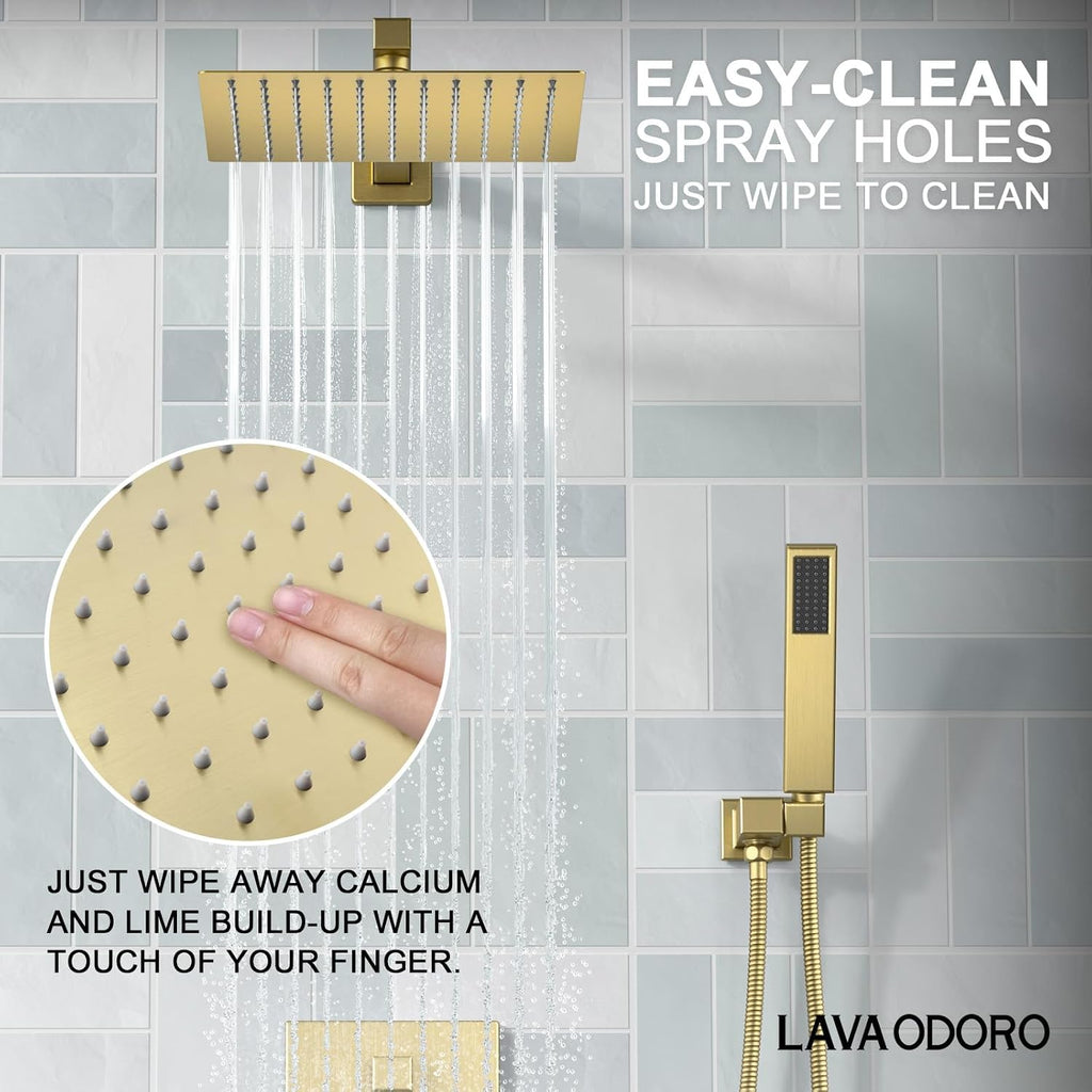 Lava Odoro Modern 2-Setting Square Shower System with Rain Shower Head and Handheld Spray Gold, Rainfall Shower Faucet Set Gold, Shower Valve and Trim Kit, Brushed Gold, SF103-SG