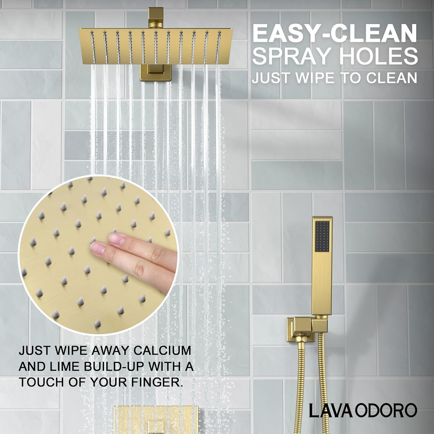 Lava Odoro Modern 2-Setting Square Shower System with Rain Shower Head and Handheld Spray Gold, Rainfall Shower Faucet Set Gold, Shower Valve and Trim Kit, Brushed Gold, SF103-SG