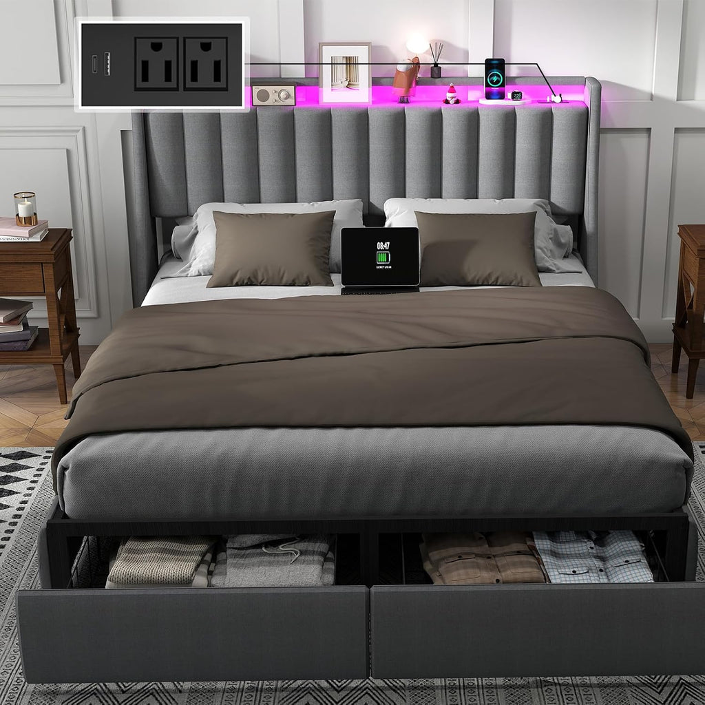 Queen Bed Frame with Headboard and 2 Storage Drawers, Platform Bed Frame Queen Size Upholstered with LED Lights and Charging Station, Steel Slat Support, No Box Spring Needed, Easy Assembly, Gray