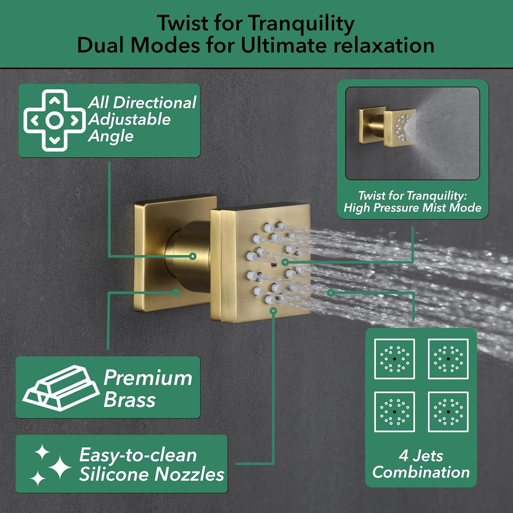 VANFOXLE Shower Faucet Set Brushed Gold Shower System,Four Modes Shower Faucet with 2 in 1 Handheld,Ceiling Mount 10 Inch Shower Head with 6 Inch Shower Head, 4 PCS Dual Modes Body Jets