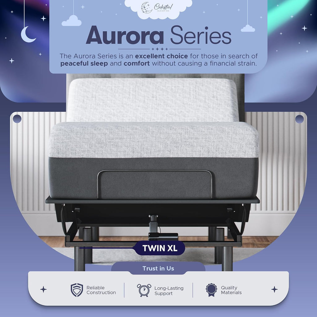 Celestial Aurora Adjustable Bed Base (Frame) + 10 inch Gel Memory Foam Mattress (Medium), Easy Assembly, Head and Foot Lift, Zero Gravity, Memory Positions, CertiPUR-US Bed - TwinXL
