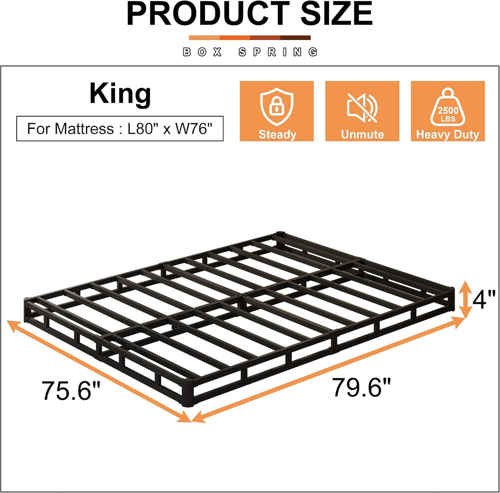 EMODA King Size Box Spring 4 Inch Heavy Duty Bed Base Metal Mattress Foundation with Fabric Cover, 3000LBS Max Weight Capacity, Noise Free, Easy Assembly